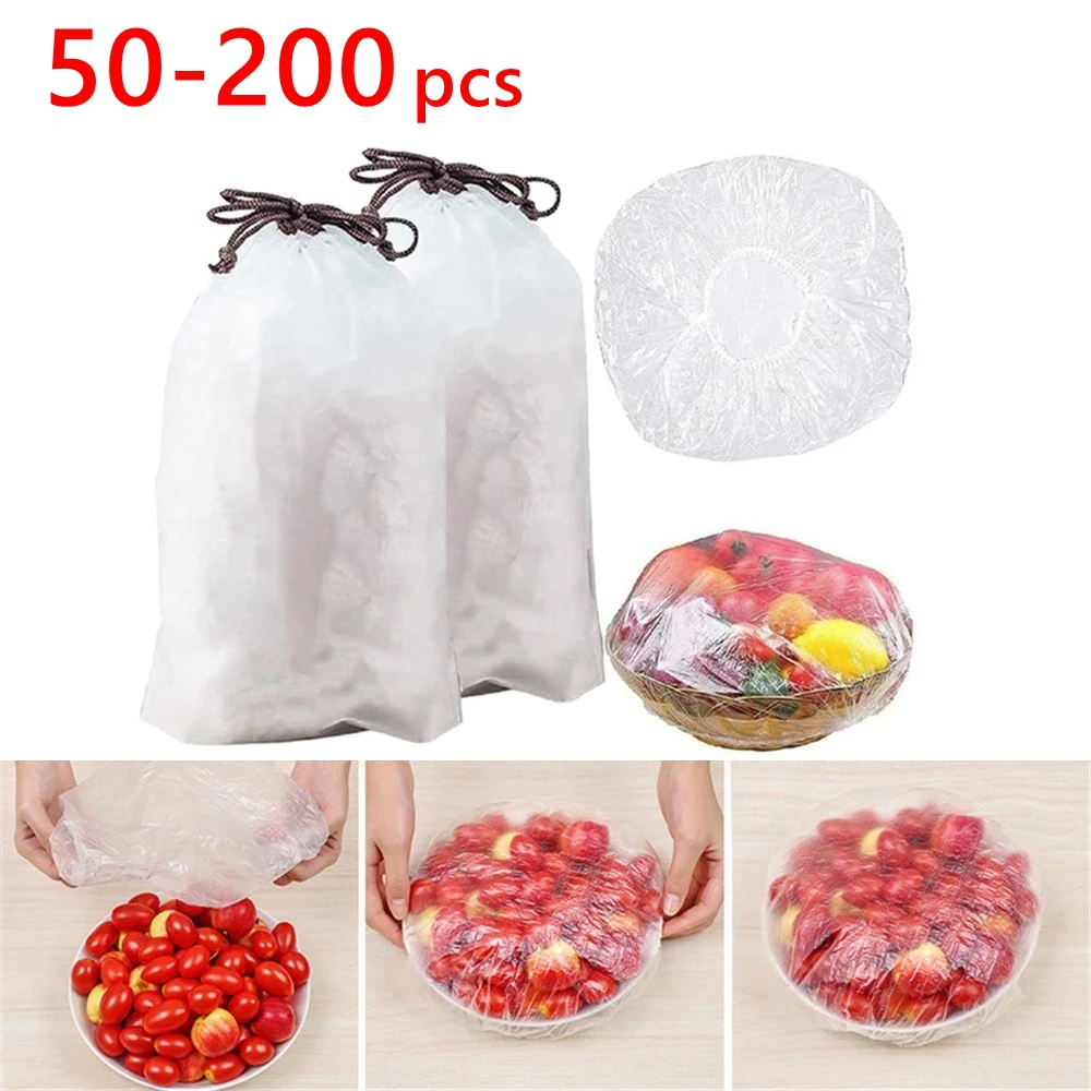 50-200pcs Disposable Plastic Wrap Cover Fresh Food Bowl Cover Plastic Bag Food Covers Storage Saran Wrap Refrigerator Kitchen
