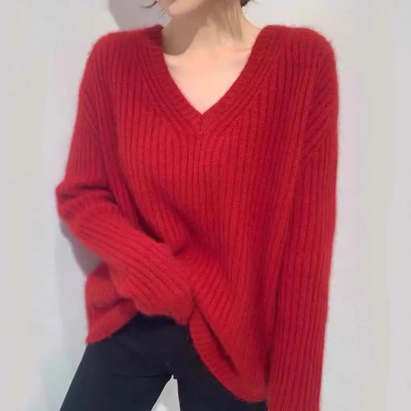 

Korean Women Knitted V-Neck Sweater Female Loose Pullovers Knitting Sweaters Plus Size Top Unif Lady Jumper Winter Clothing 2022