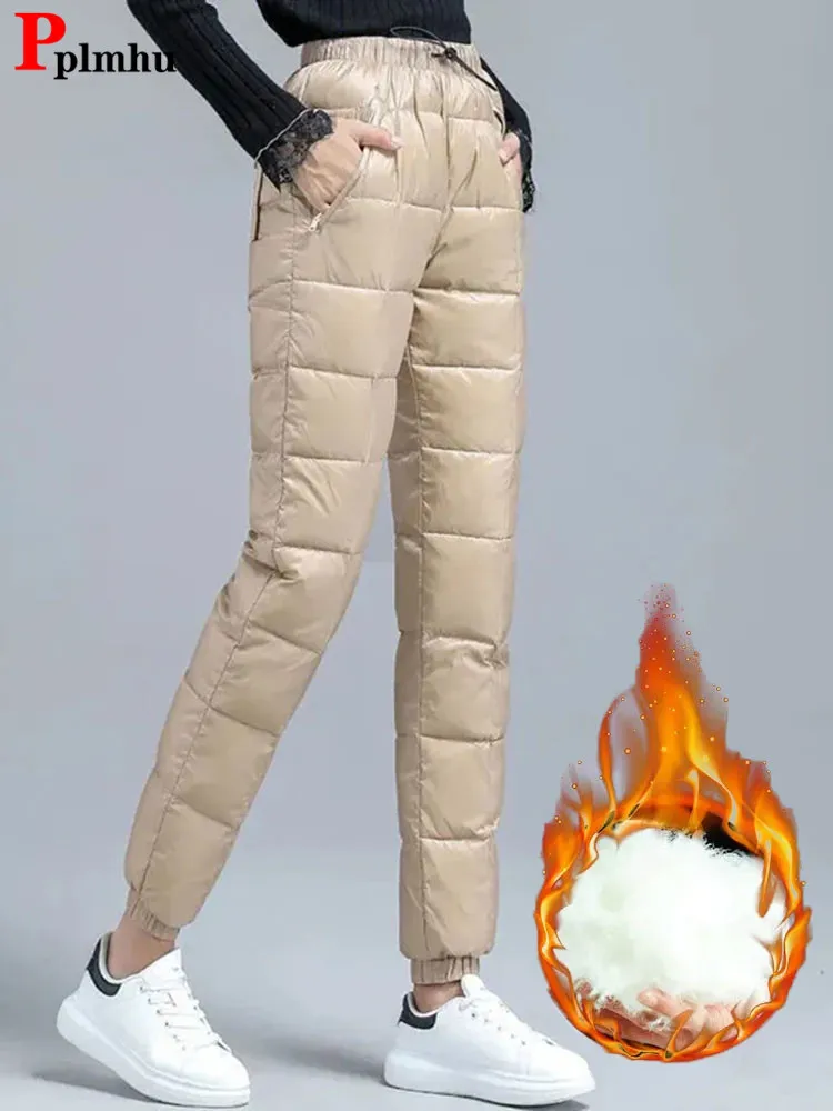 Oversize 4XL Down Sweatpants Ultralight Windproof Winter Pants Women Warm Snow Stretch Jogger Fashion Pocket Zip Baggy Trousers
