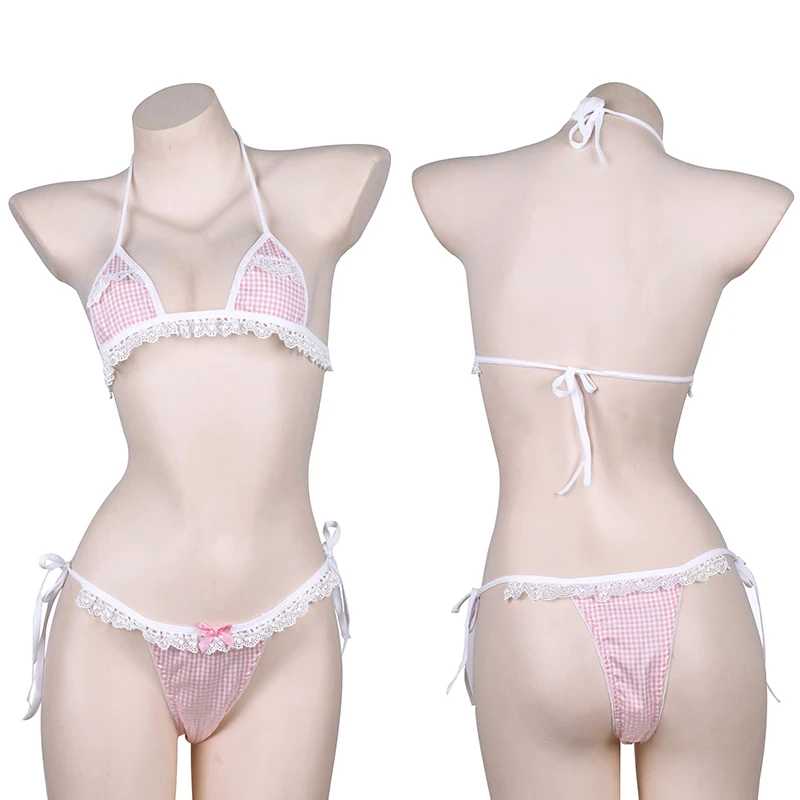 

Sweet Cute Pink Plaid Bikini Swimstuit Swimwear Lolita Girls Lace Ruffle Lingerie Set Anime Cosplay Underwear Sleepwear Dropship