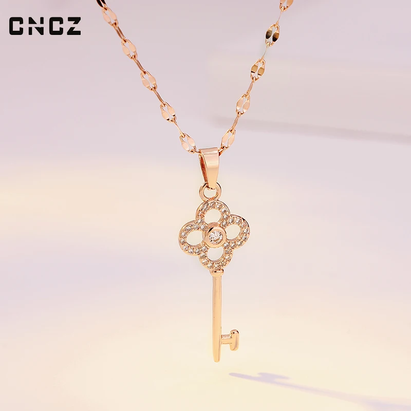 Key Shape Rose Gold Color Necklace Korean Style Women Girl Copper Pendant Paired With CNCZ Summer Fashion Clavicle Chain Jewelry