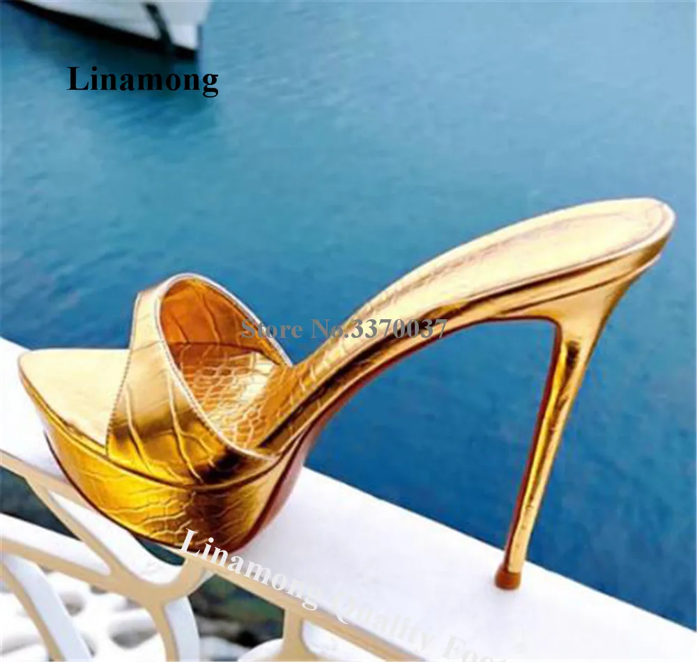 Linamong Gold Blue Snake Leather Platform Thin Heel Slippers Newest Slip-on Pointed Open Toe Stiletto Heel Sandals Party Heels