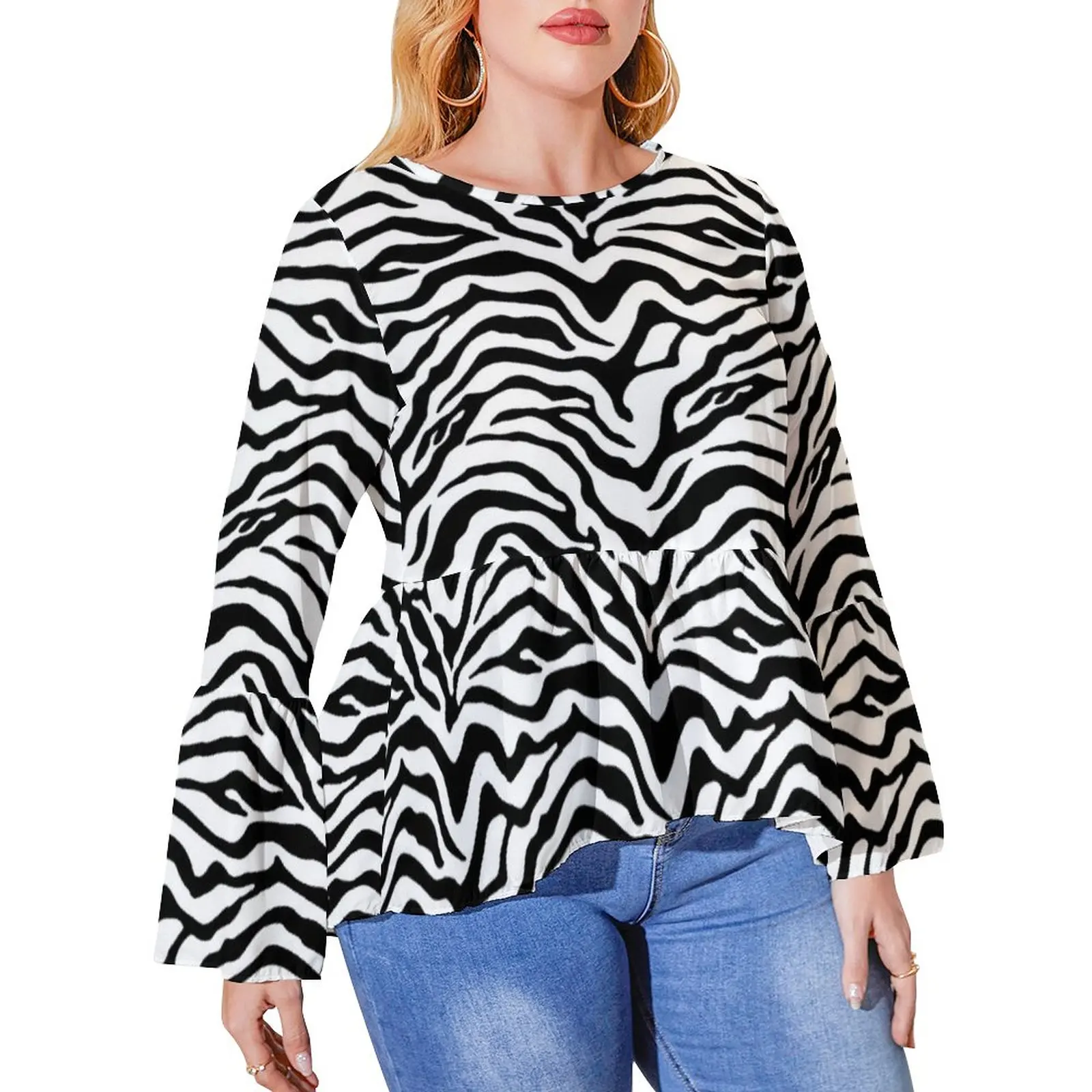 Black And White Zebra T Shirt Plus Size Striped Print Elegant Long-Sleeve T-Shirts Casual Oversized Tee Shirt Female Trendy Tops