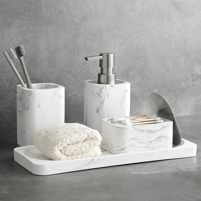 Bathroom Accessory Sets with Marble Look Includes Lotion Dispenser Soap Pump Tumbler Cotton swab box and Tray