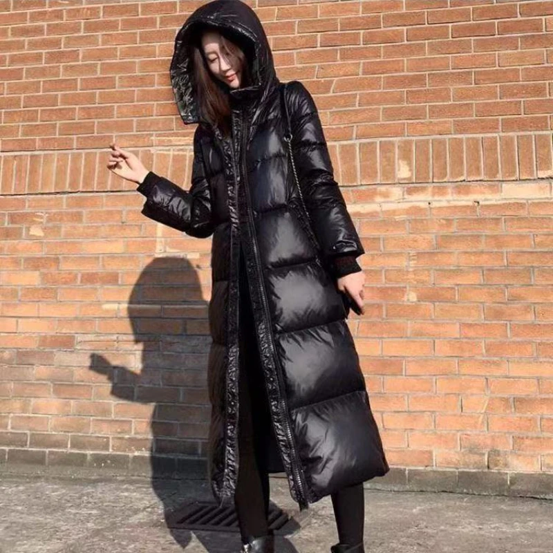 New Winter Women Long Black Cotton Coat Bright Loose Fashion Down Cotton Coat Knee Length Thickened Warm Lady Cotton Coats