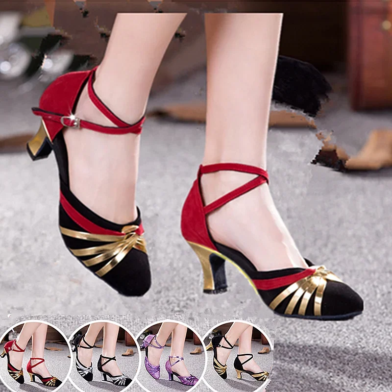 

Женские туфли для латиноамериканских танцев, красные, золотистые, серебристые, черные туфли с закрытым носком для сальсы, Обувь для бальных танцев на низком каблуке, 4 цвета