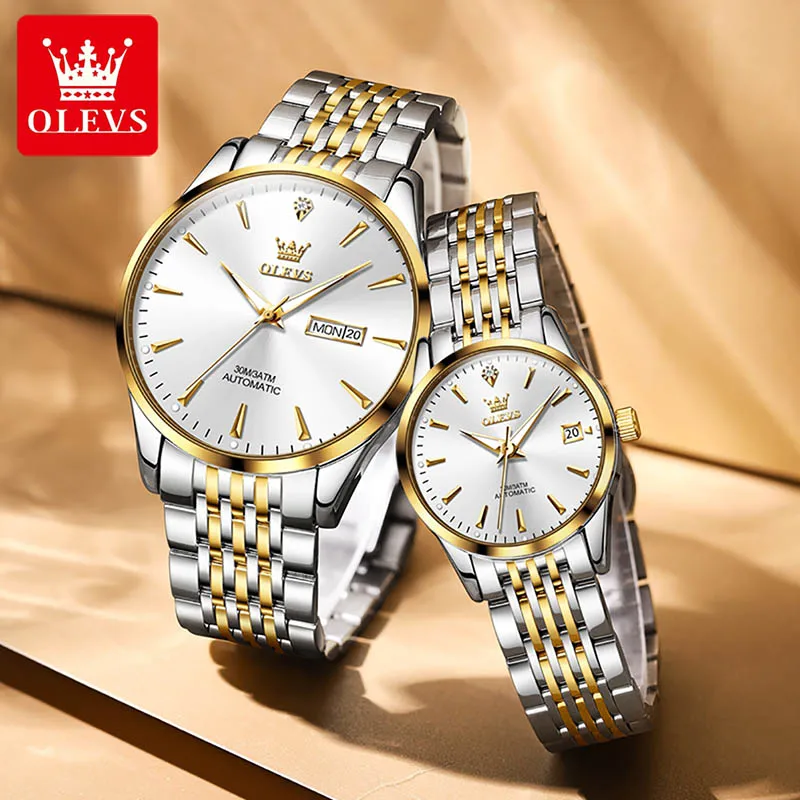 OLEVS Womens And Mens Watches Luxury Diamond Fashion Business Stainless Steel Men Women Watches Couple Watches Waterproof Reloj