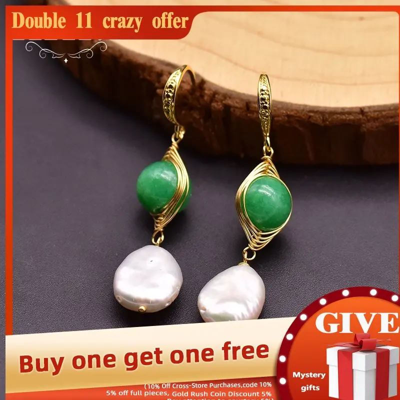 

GLSEEVO Real Natural Green Jade Drop Earrings For Mother Wife Anniversary Women's Ethnic Fresh Water Pearls Fine Jewelry GE0923A