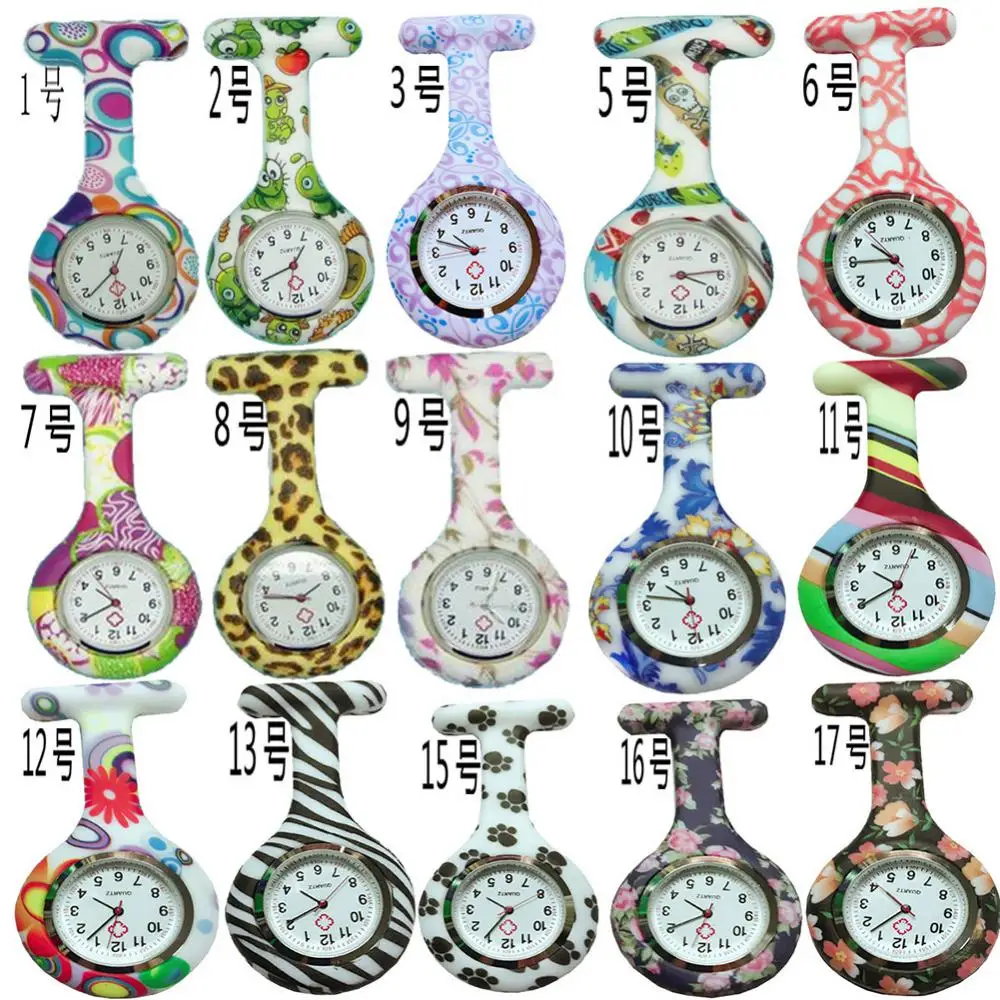 50pcs/lot Floral Print Silicone Nurse Watch Medical Pocket Watch Clip On Fob Quartz Brooch Hanging Pocket Watch For Men Women