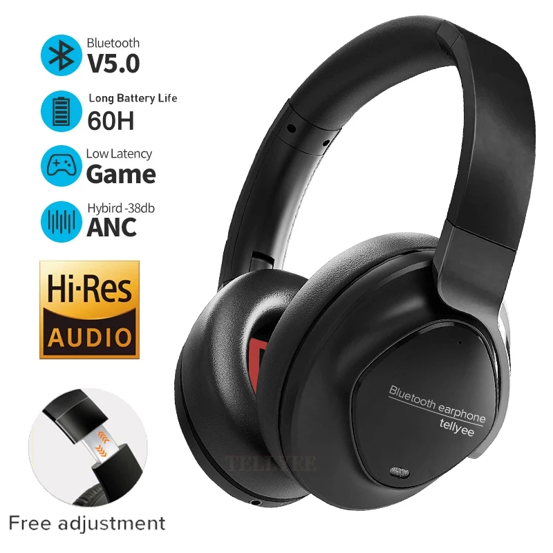 ANC Wireless Headphones Hybrid Active Noise Cancelling Bluetooth Headsets Foldable HiFi Hi-Res Audio Over Ear Earphones 60H Time enlarge