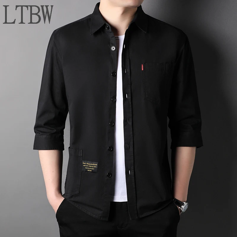 LTBW Men's 3/4 Sleeve Shirts Casual Cargo Shirts Classic Tops with Pockets
