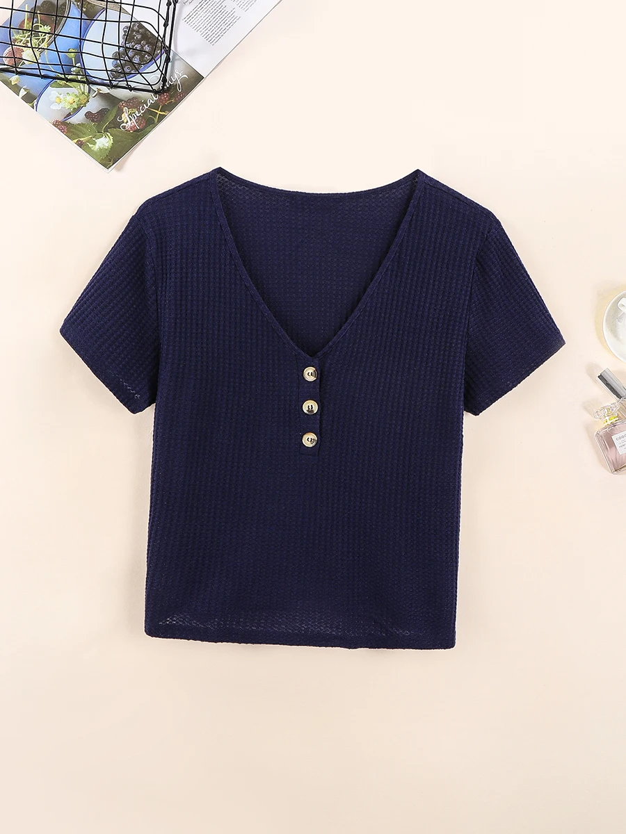 Finjani Plus Size Button Placket V-Neck Knit Tee For Women 2022 Summer Solid Top
