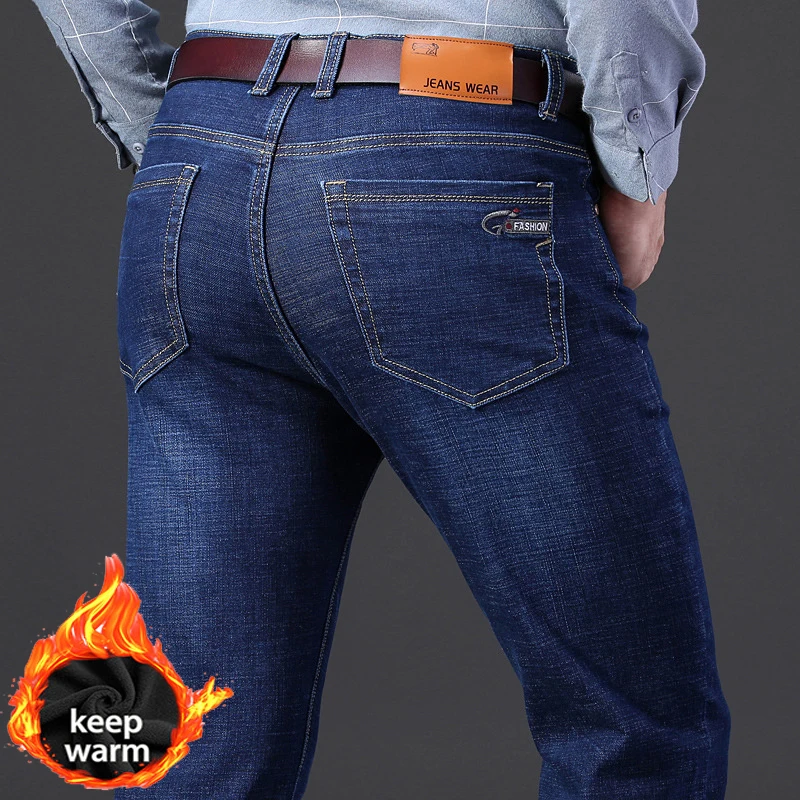 Men's Winter Warm Fleece Jeans Thick Stretch Denim Jean Straight Long Trousers Fashion Male Cotton Classic Pants Plus Size 44