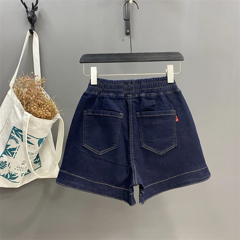 Vintage Dark Blue Trousers Hot Rhinestone Split Elastic Waist Wide-Leg A- Line Shorts Fashionable Loose Slimming Denim Hot Pants
