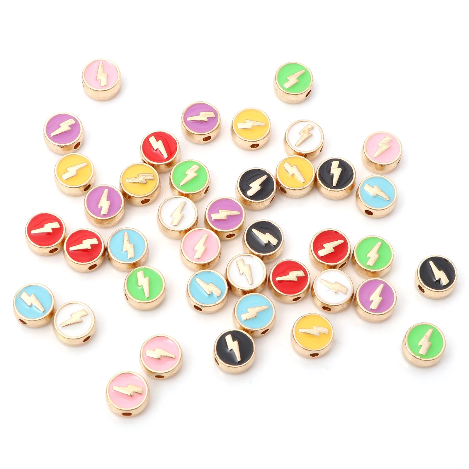 

8mm Weather Spacer Beads Multicolor Flat Round Lightning Enamel Gold Color Metal Loose Beads DIY Necklace Bracelet Jewelry,10PCs