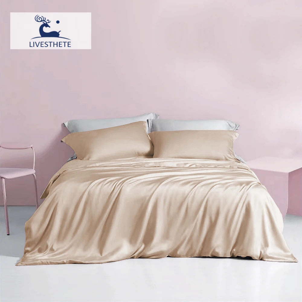 

Liv-Esthete Pure 100% Silk Bedding Set Champagne Gold Flat Sheet Pillowcase Double Queen King Quilt Cover Bed Set Fitted Sheet