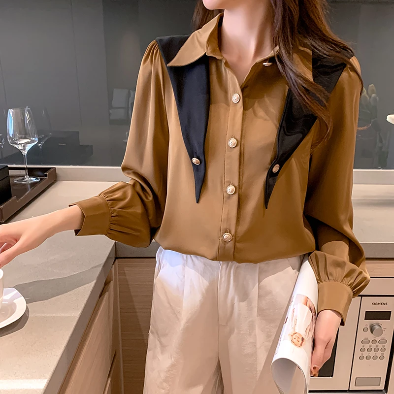 

Chiffon Women's Blouse Polo Stitching Shirt Spring Autumn Loose Top Long Sleeve Casual Fashion Clothing Houthion
