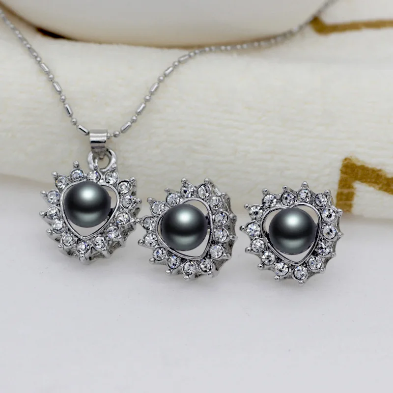 

New Fashion Round Beads Rhinestone Love Heart Pendant Earrings Necklace Jewelry Set For Women Trendy Bride Wedding Jewelry Gifts