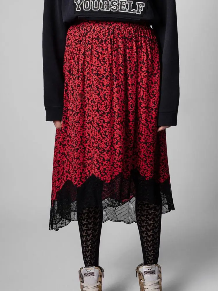 Женская юбка с леопардовым принтом красная кружевная эластичным поясом на весну