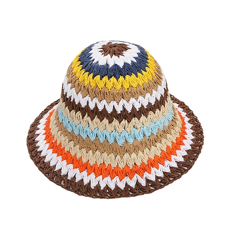 

Women Elegant Rainbow Stripe Straw Hats Summer Breathable Sun Protection Beach Basin Cap Seaside Holiday Travel Fisherman Hat