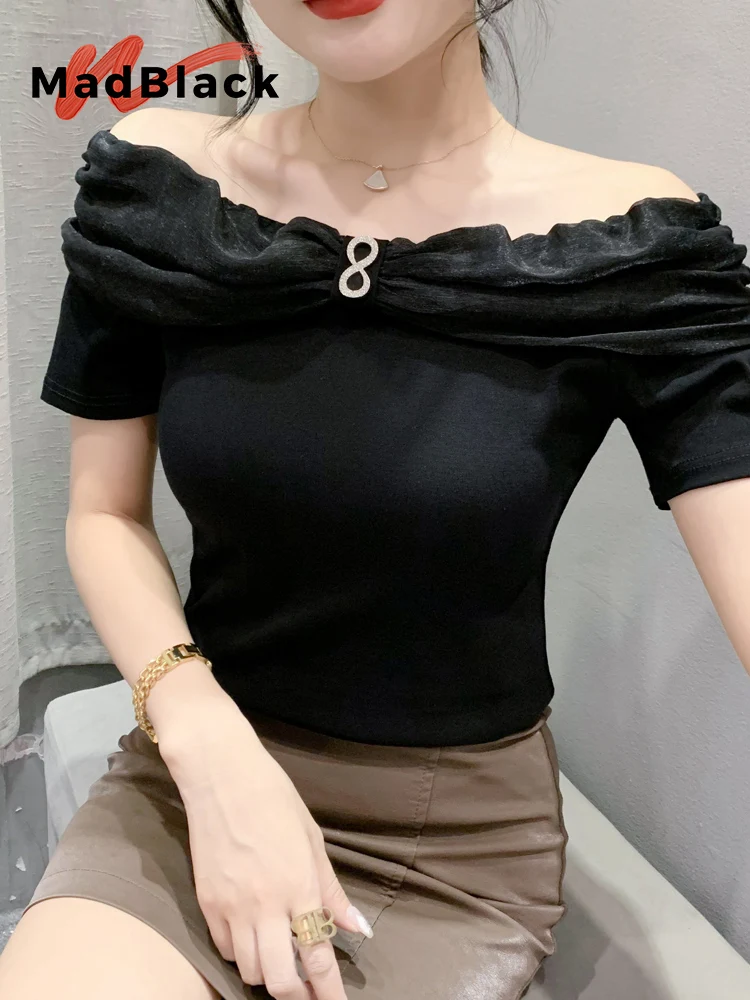 

Женская футболка из органзы, с открытыми плечами и коротким рукавом