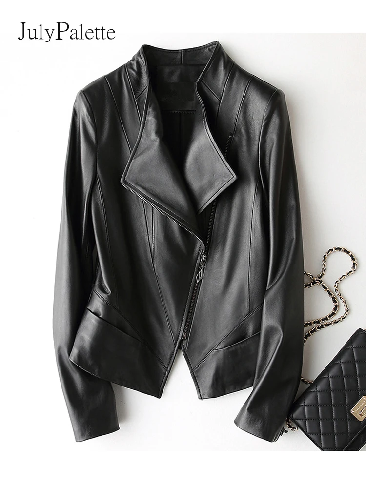 Julypalette Women's Genuine Leather Classic Asymmetrical Motorcycle Jacket Fashion Diagonal Zipper Ladies Black Sheepskin Jacket