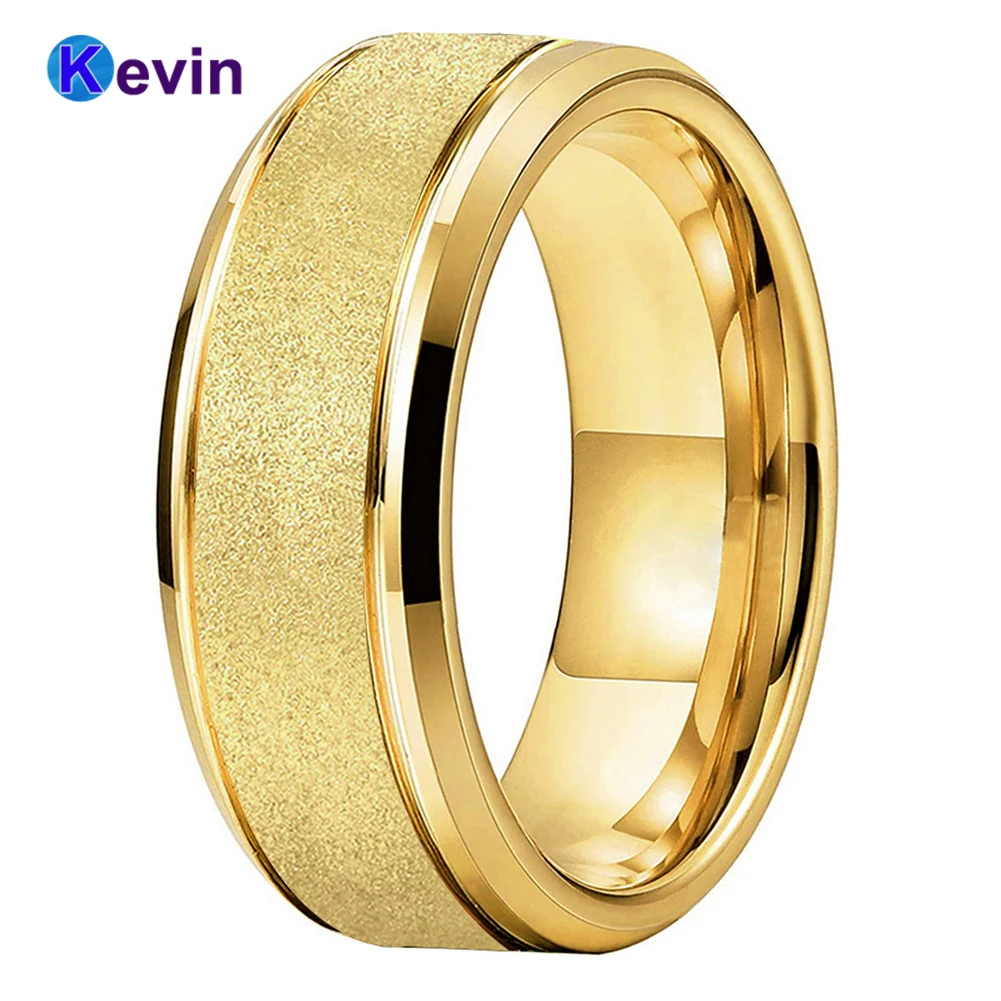 

8mm Black/Gold/Rose Tungsten Wedding Band Men Women Sandblasted Ring Pipe Cut Grooved Beveled Finish Comfort Fit