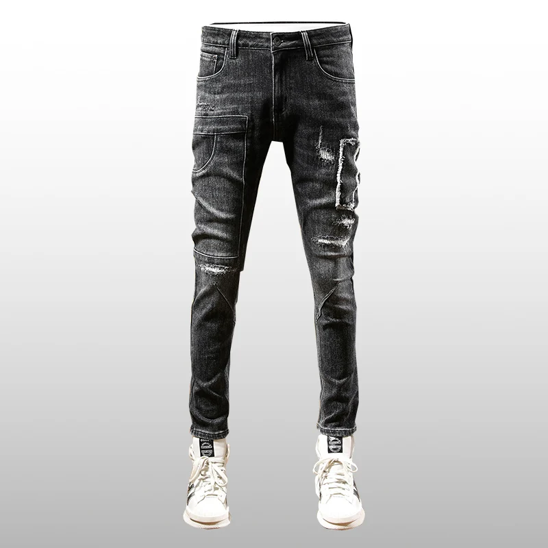 High Street Fashion Men Jeans Retro Black Gray Stretch Skinny Fit Ripped Jeans Men Pocket Designer Patched Hip Hop Pants Hombre