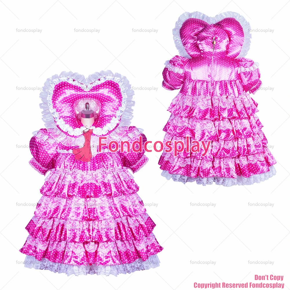 

tailor-made sexy adult dressing cross maid sissy bonnet french lockable baby polka dots hot pink satin dress tv/cd[g3872]