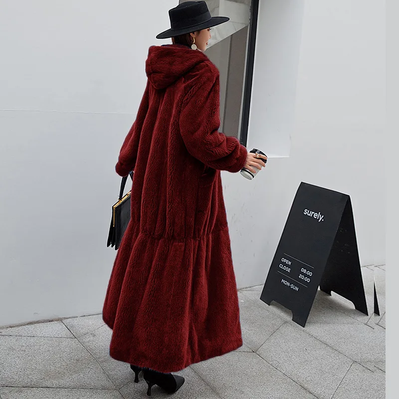 2022 winter new casual temperament European and American loose real rex rabbit fur coat women's hooded long coat trendy