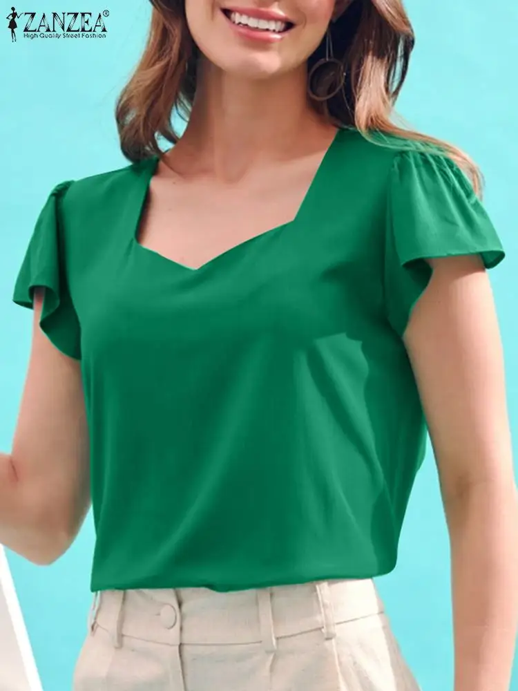 

ZANZEA Fashion Women Summer Blouse Holiday Tunic Tops Causal Short Sleeve Blusas Femme Elegant Lady Office Shirt Oversize Mujer