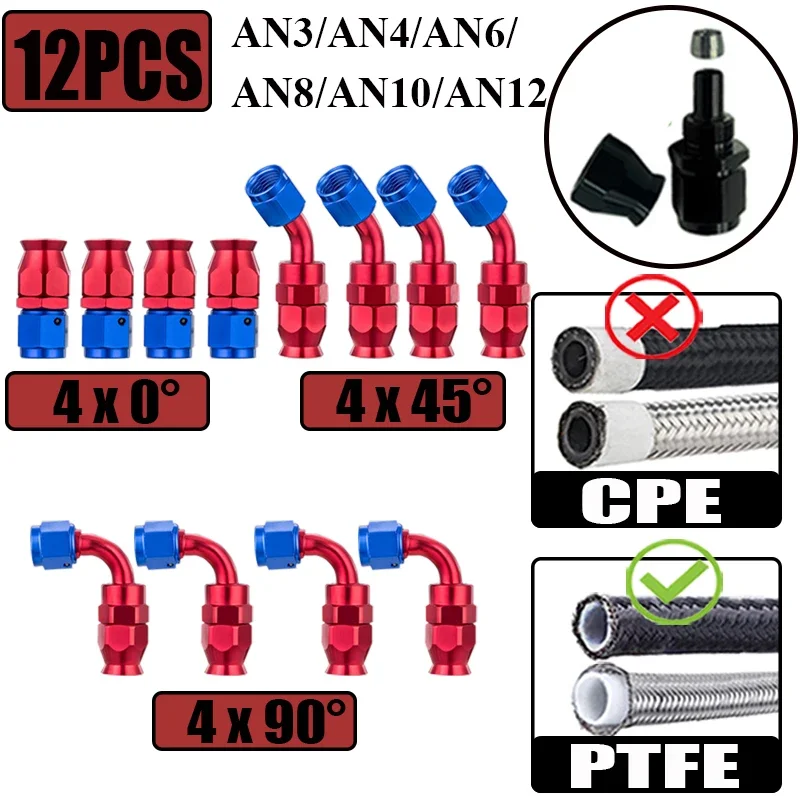 12 шт./компл. 3AN 4AN 6AN 8AN 10AN 12AN 4x0 ° 4x45 4x90 Поворотный адаптер конца шланга для PTFE E85