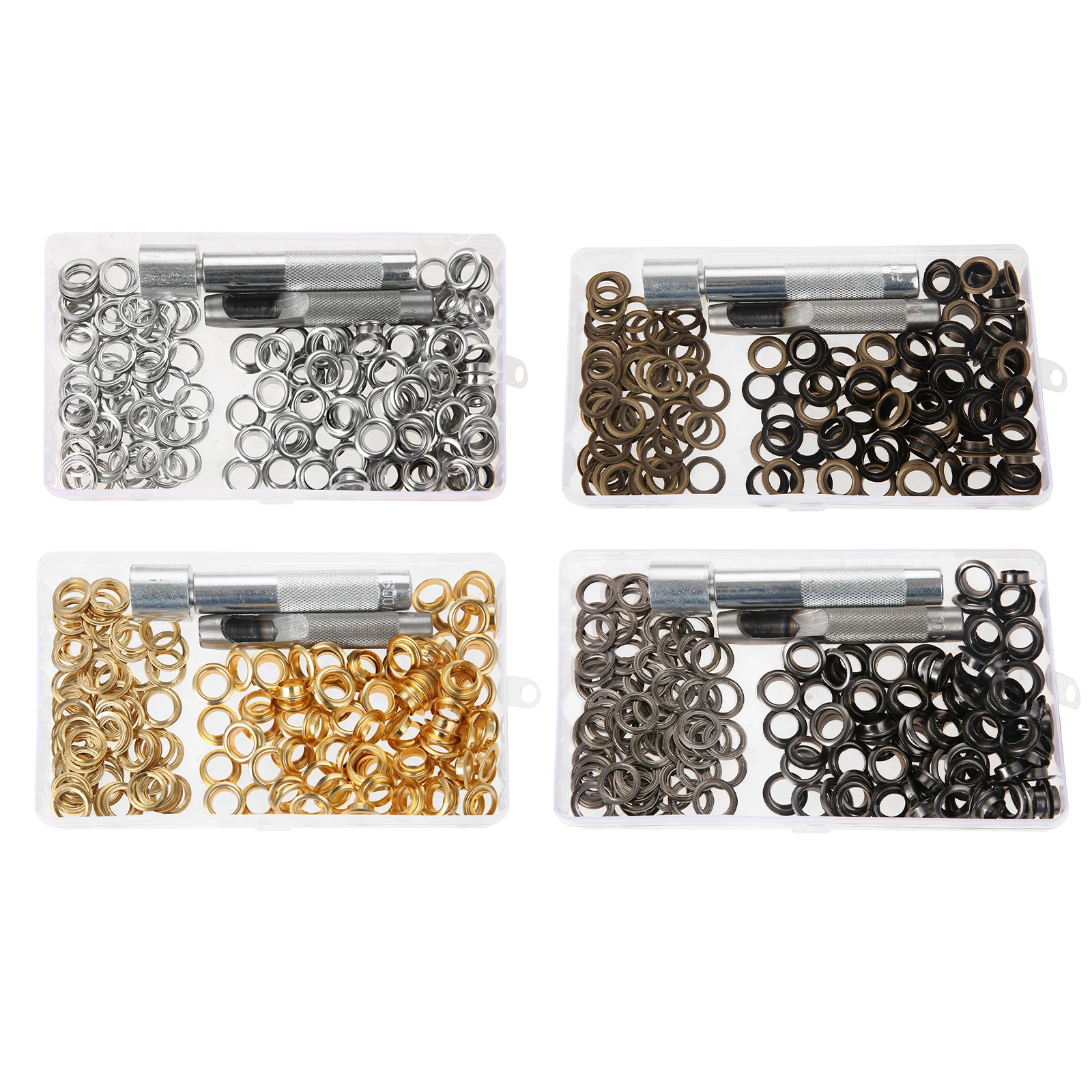 

100Sets Grommets Eyelets Silver/Gold/Antique Bronez/Metal Black Grommet Tool Kit For Repairing Canvas Tarps Tents Pool Coverings