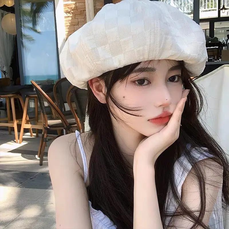 

Korea Fashion Khaki White Plaid Beret For Women Spring 2023 Purple Painter Cap Sun Hat Kpop Young Girl Y2k New Arrival Charm