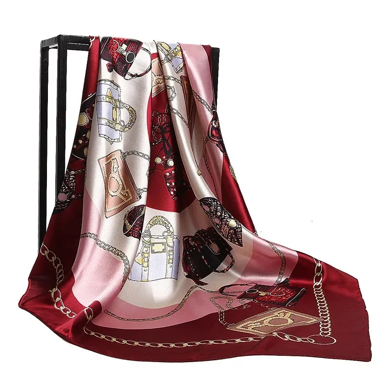 

Silk Scarves for Women Print Foulard Satin Square Head Hijab Scarfs For Ladies Luxury Brand Shawls 90*90 Bandana Large Scarf