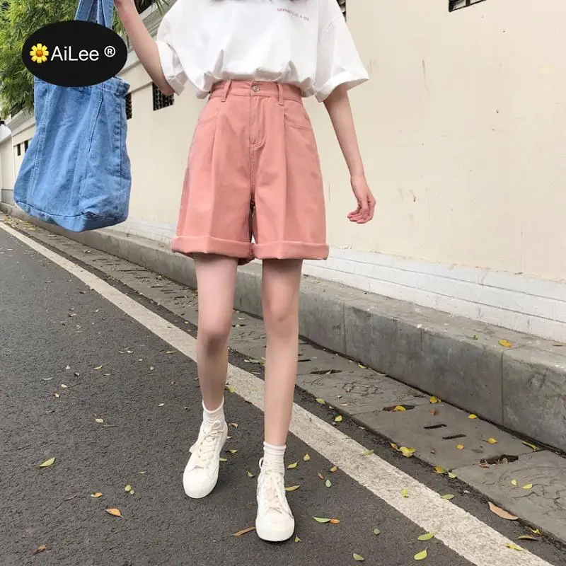Fashion Denim Jeans Summer Women Cotton Cargo Shorts Korean High Waist Pocket Elastic Wide Leg Shorts Casual Loose Hotpants