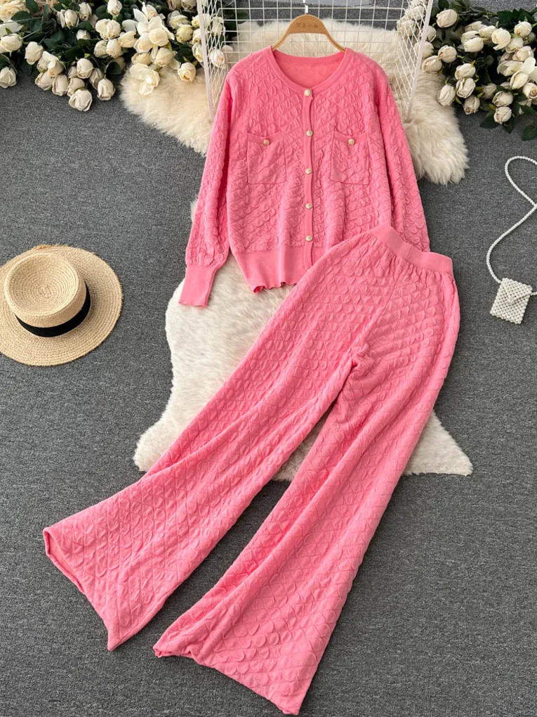 

Женский Повседневный трикотажный комплект из 2 предметов Foamlina, Однотонный свитер пуговицы с круглым вырезом и длинными рукавами + длинные б...