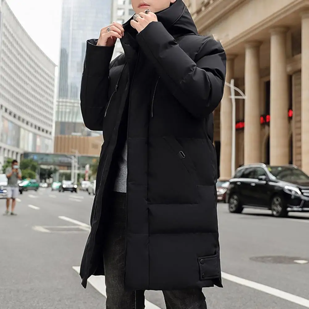Winter Down Coat Hooded Thickened Solid Color Padded Cardigan Keep Warm Midi Length Zip Up Plus Size Men Winter Coat for Daily