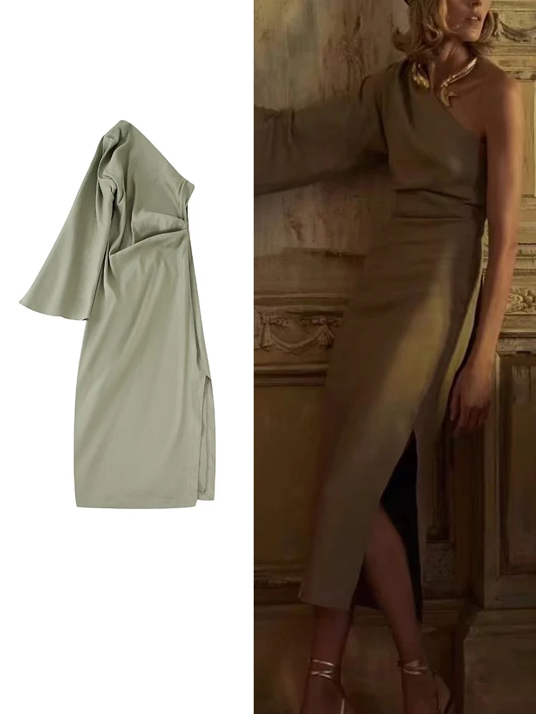 

Yiloyka Women Summer New Asymmetrical Dress Vintage Flare Sleeve Female Mid-Calf Pleated Dresses Solid High Waist Vestidos Mujer