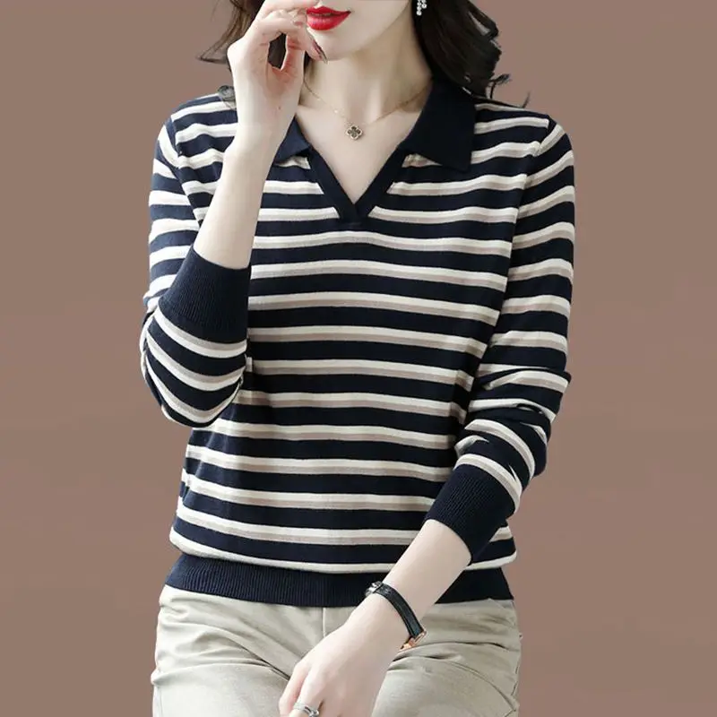 

Women Half Open Polo Turn-down Collar Knit Sweater 2023 Autumn Winter Long Sleeve Striped Pullover Top Female Knitwears V89