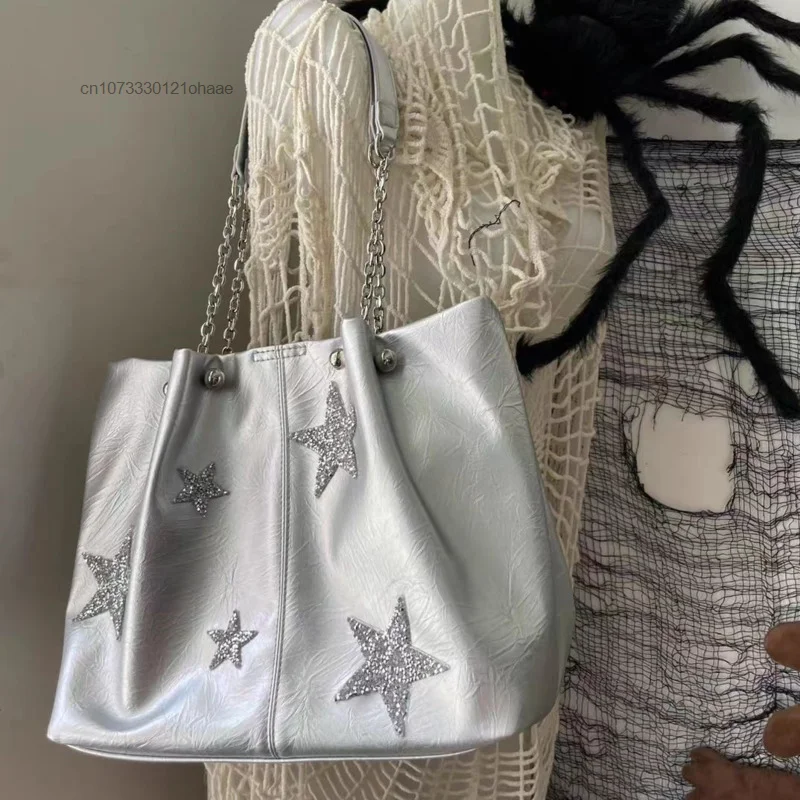 

Женская Серебристая сумка на плечо Aoger со звездами и бриллиантами, новая американская уличная Сумка-тоут для специй и девушек на цепочке, модная повседневная вместительная сумка