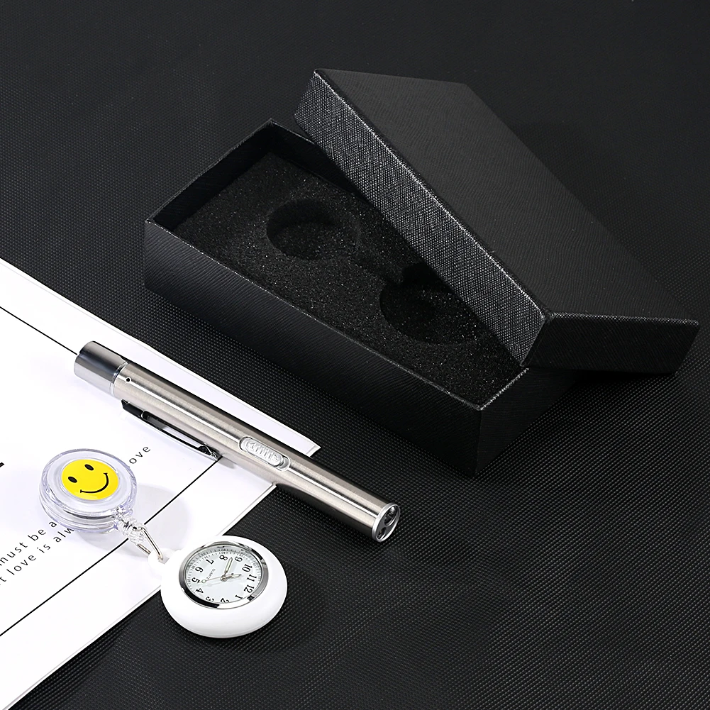 Nurse Hanging Watch Pen Light Medical Accessories 2PCS Gift Set for Nurse Doctor Cute Smiling Clip-on Fob Brooch Quartz Watch
