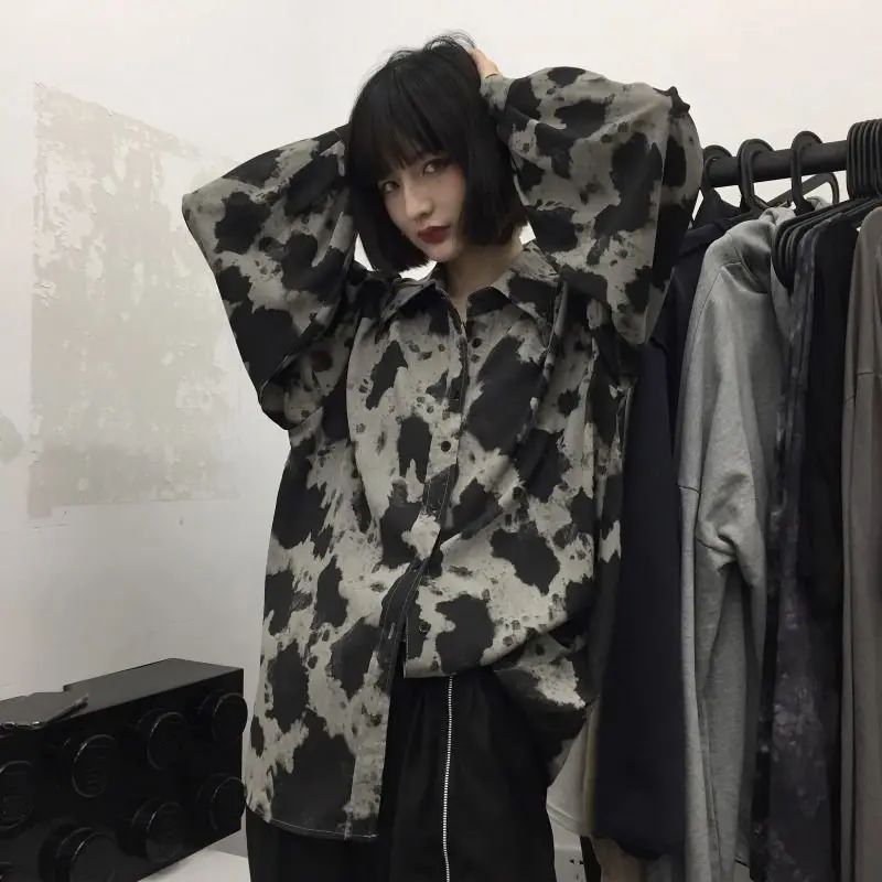 Deeptown Tie Dye Gothic Shirt Women Harajuku Vintage Oversize Streetwear 2022 Punk Long Sleeve Pattern Cardigan Grunge Kpop Chic