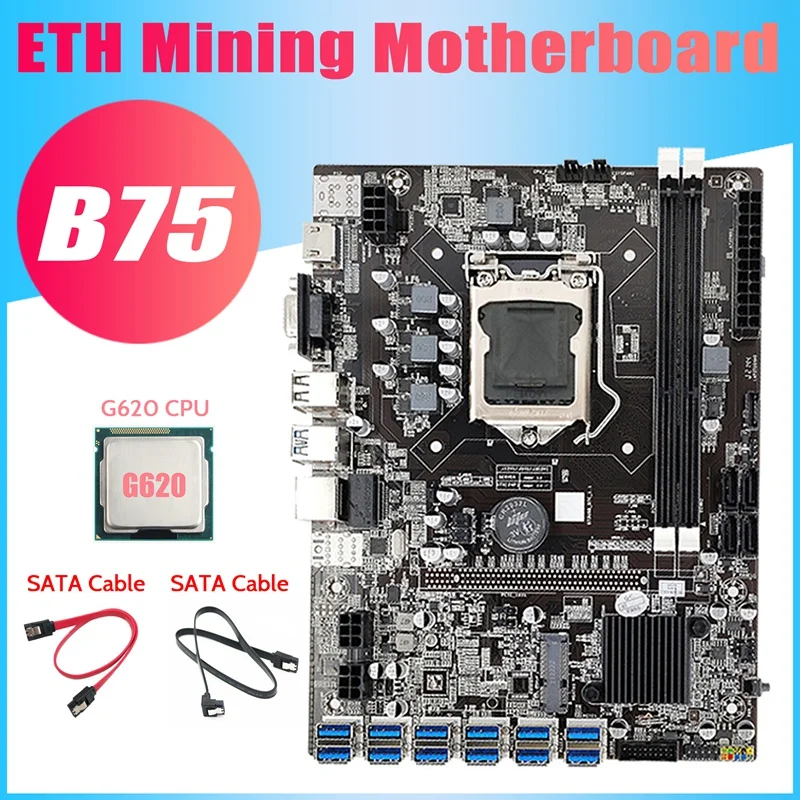

B75 BTC Mining Motherboard+G620 CPU+2Xsata Cable 12 PCIE To USB3.0 Adapter LGA1155 DDR3 B75 USB ETH Miner Motherboard