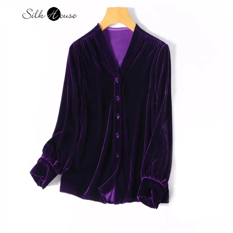 Женская бархатная рубашка элегантная фиолетовая Однотонная из 30% натурального