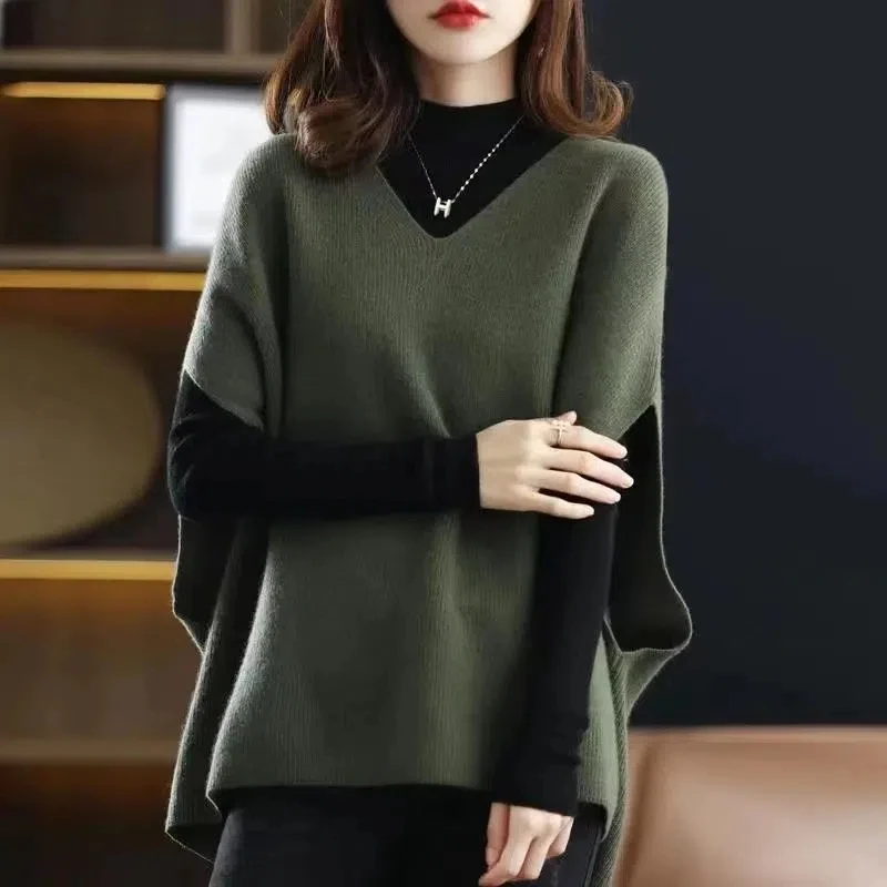 

Lazy Style Korean Women Vintage All-match Sweater Vest Spring Autumn Fashion Batwing Sleeve V-Neck Loose Casual Knit Pullovers