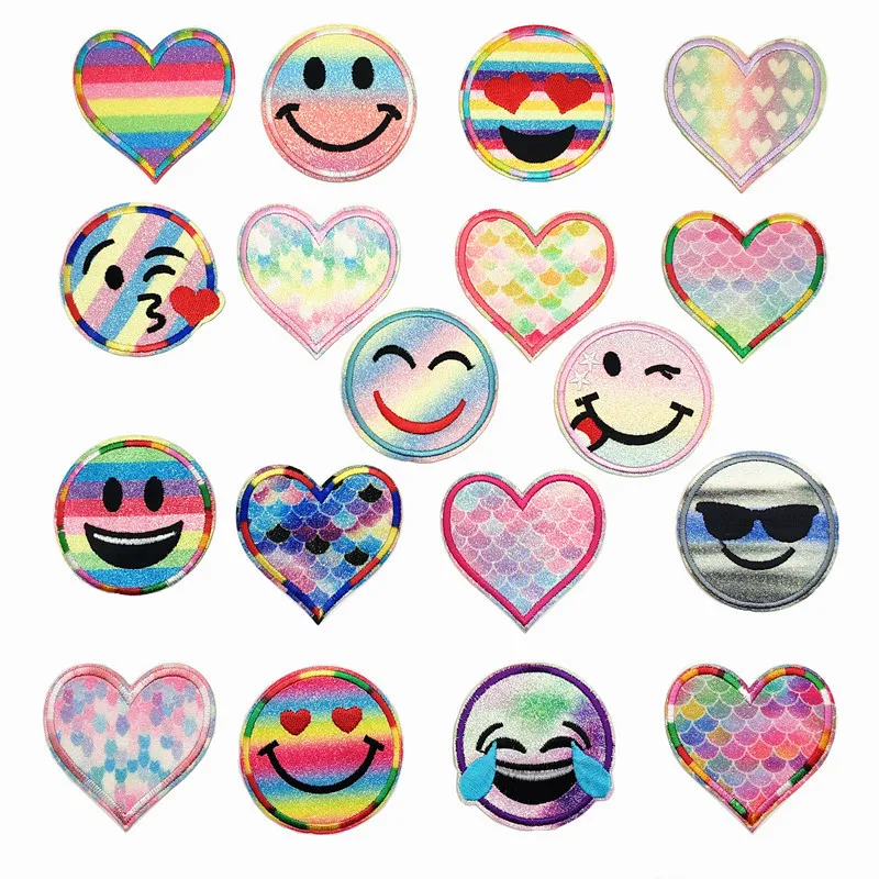 

Colorful Shiny Smiley Face Love Ornament Decoration Patch Card Embroidery Cloth Sticker Iron on Patches for Clothes