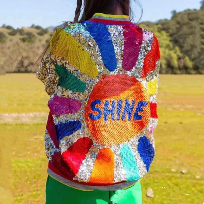 Осенняя лоскутная цветная верхняя одежда с длинными рукавами и блестками