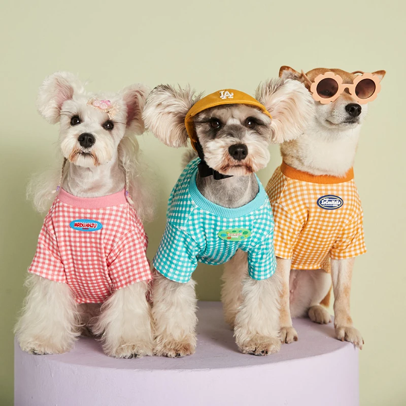 

Summer Dog Clothes Cat T-Shirt Fashion Design Soft Plaid Cat Pomeranian French Bulldog Clothes Round Collar Pullover Pet Costume