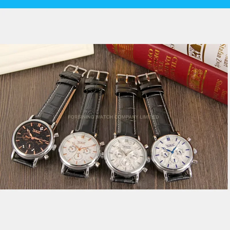 Фото JARAGAR Мужские и женские часы Механические часы с шкалой Peg Круглые часы Day and Date Черные механические часы №1